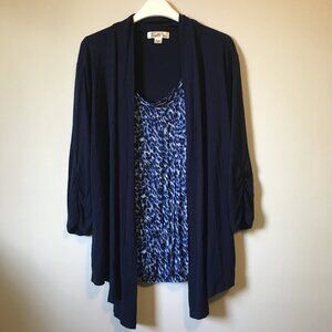 Tradition Navy Blue Open Waterfall Cardigan & Pintuck Blue Animal Print Tank XL